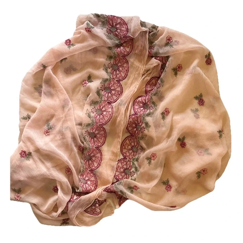 Pink Silk Sheer Embroidered Scarf Shawl Wrap 36